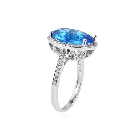 Simulated Aquamarine & Diamond Ring in Silvertone - Picture 2 of 5